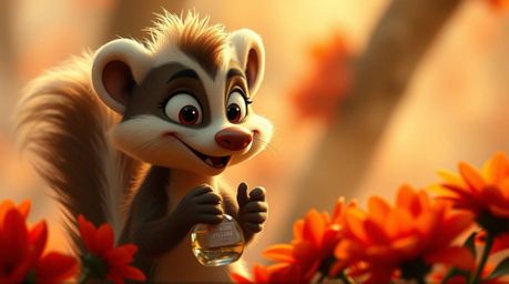 A light brown cartoon skunk with mischievous eyes and a playful expression playfully sprays perfume onto vibrant red and oran