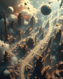 Explore a dreamlike and surreal abstract city map rendered in a top-down view composed of geometric shapes. This epic scene f