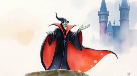 Immerse yourself in a world of classic Disney villainy with this delicate watercolor painting.  A menacing figure casts a pow