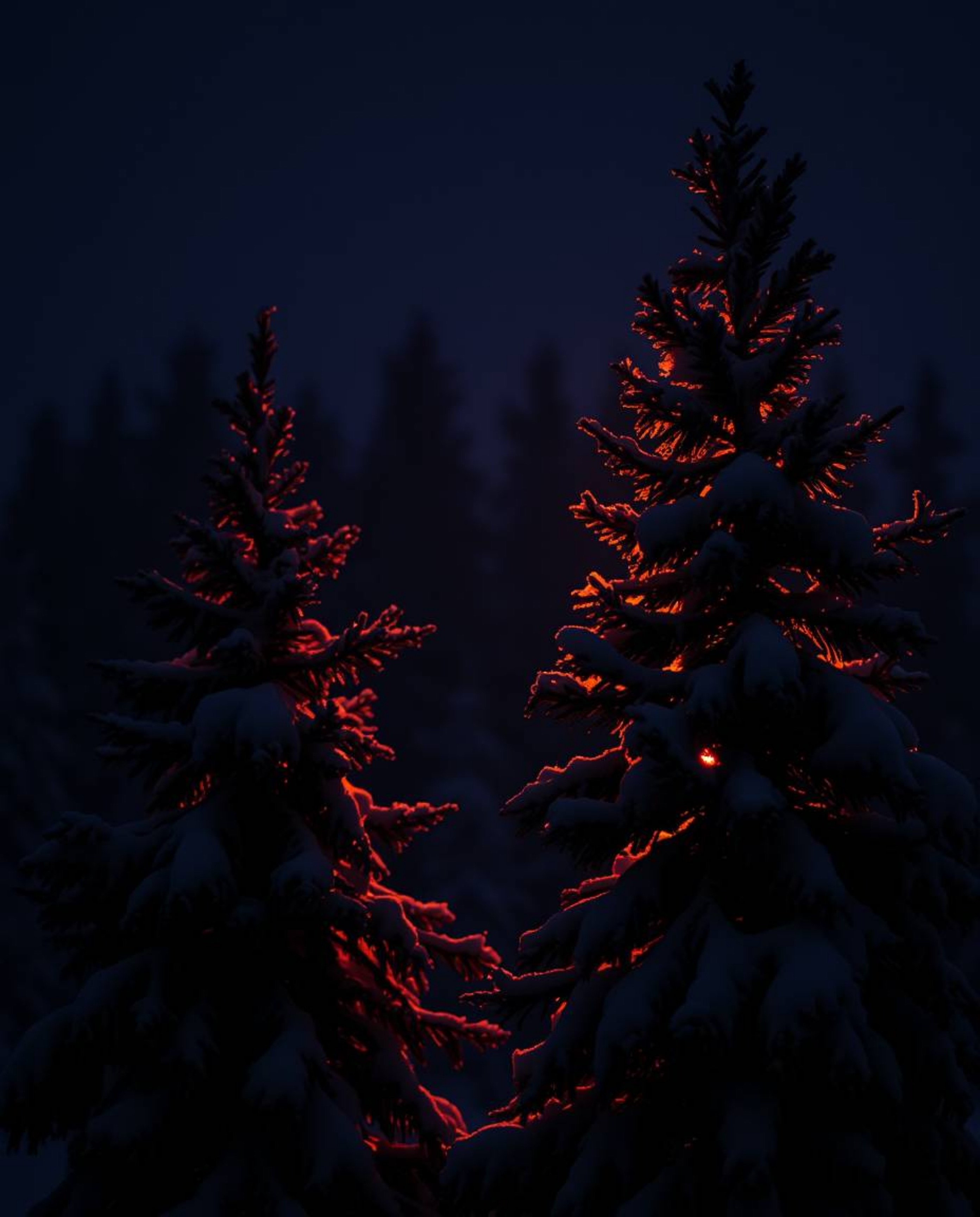 A moody cinematic photograph with a strong style captures the enchanting scene of sunset light sparkling on snowy pine trees.