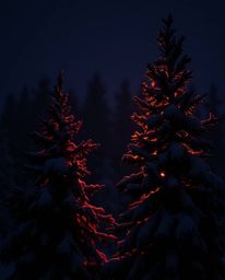 A moody cinematic photograph with a strong style captures the enchanting scene of sunset light sparkling on snowy pine trees.