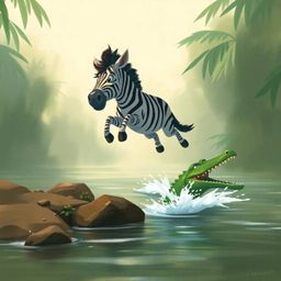 A dreamy digital sketch featuring a 3D cartoon zebra leaping from a jungle riverbank in fear, with a crocodile splashing in p