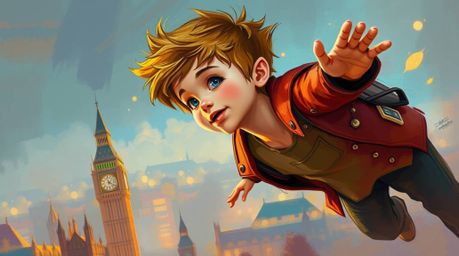 A vibrant digital sketch depicts a young boy with lively and energetic features, gracefully flying above London with the aid 