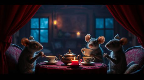 A captivating cinematic scene unfolds, showcasing anthropomorphic mice enjoying a refined tea party within a cozy cottage.  I