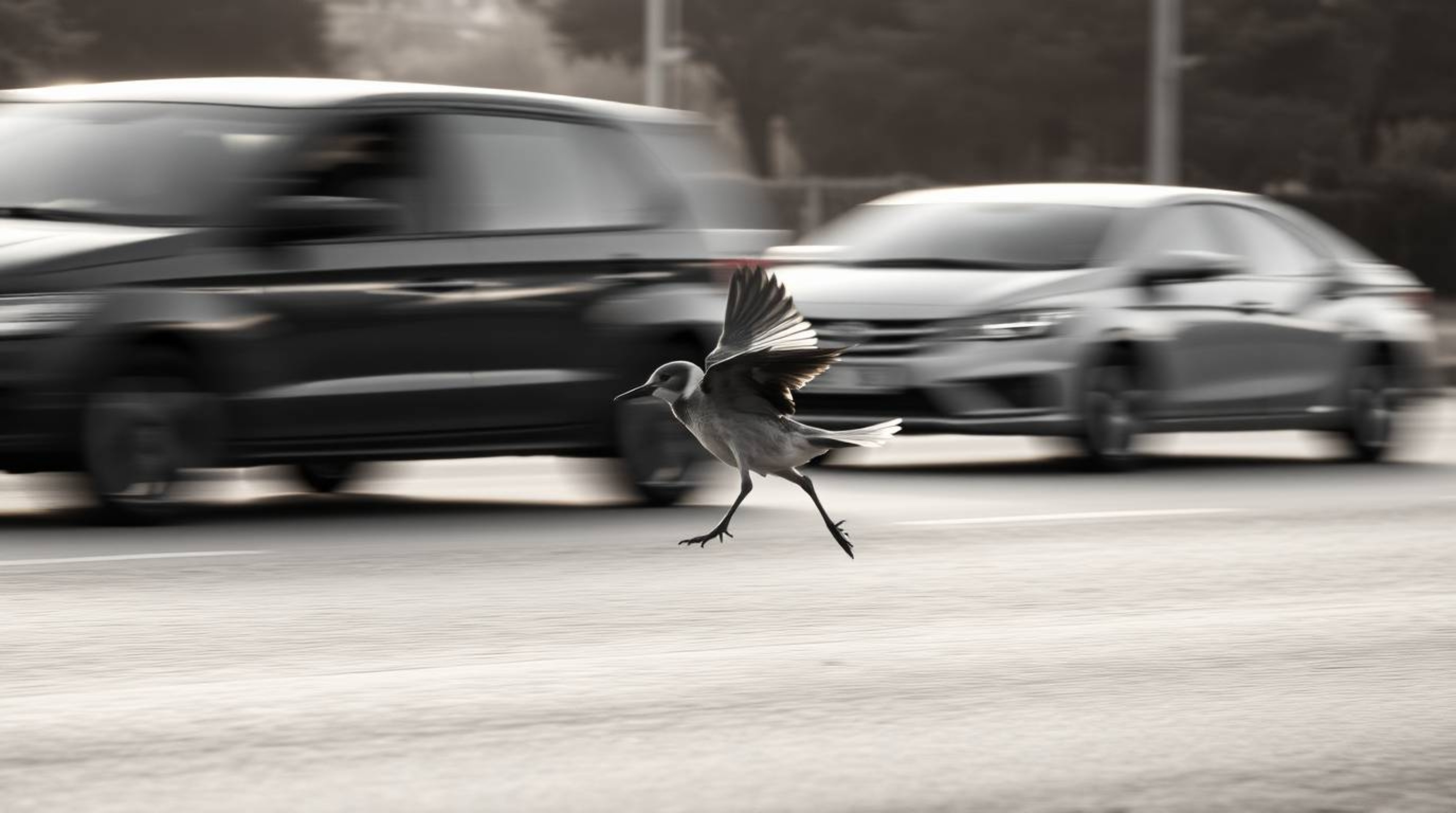 Capture the essence of speed and timeless elegance with this classic black and white photograph featuring a fast-running bird
