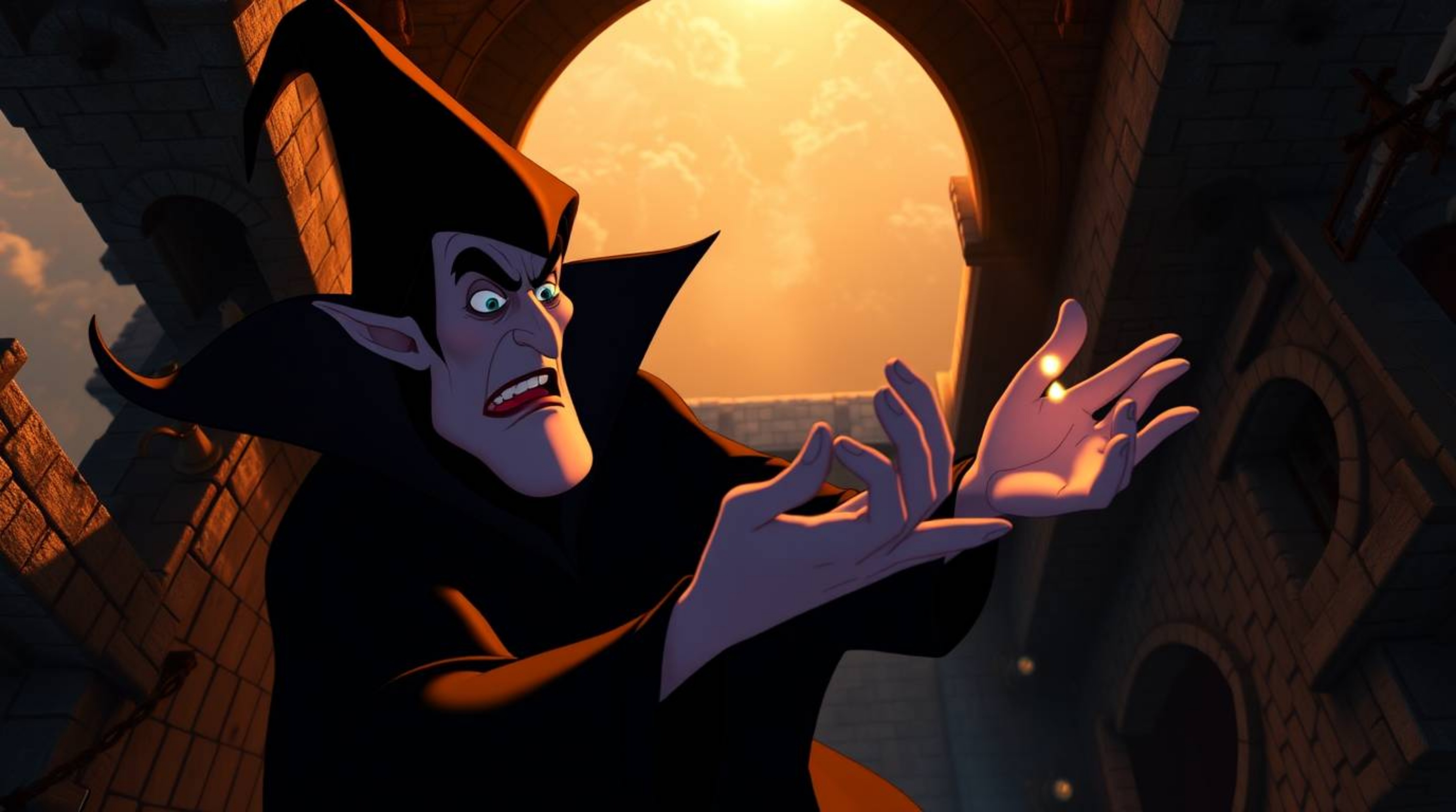 A classic Disney villain, rendered with detailed features, is depicted casting a potent spell within the ancient walls of an 