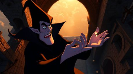 A classic Disney villain, rendered with detailed features, is depicted casting a potent spell within the ancient walls of an 