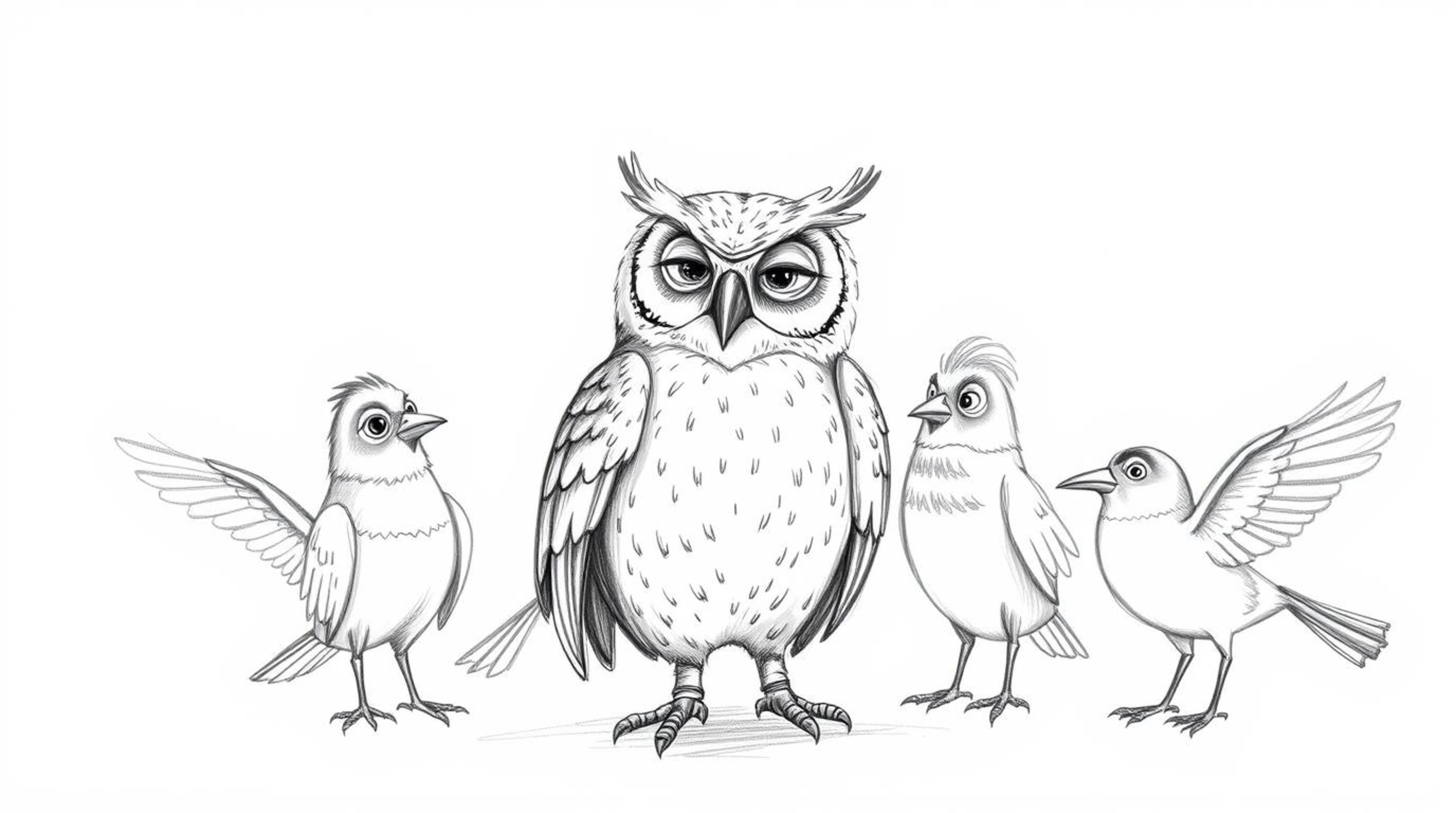 A heartwarming, Pixar-style scene featuring a wise, blind owl mentoring a diverse group of birds, teaching them to embrace th