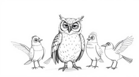 A heartwarming, Pixar-style scene featuring a wise, blind owl mentoring a diverse group of birds, teaching them to embrace th