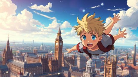 This captivating artwork showcases an isekai anime style depicting a young boy with spiky blonde hair soaring above London. T