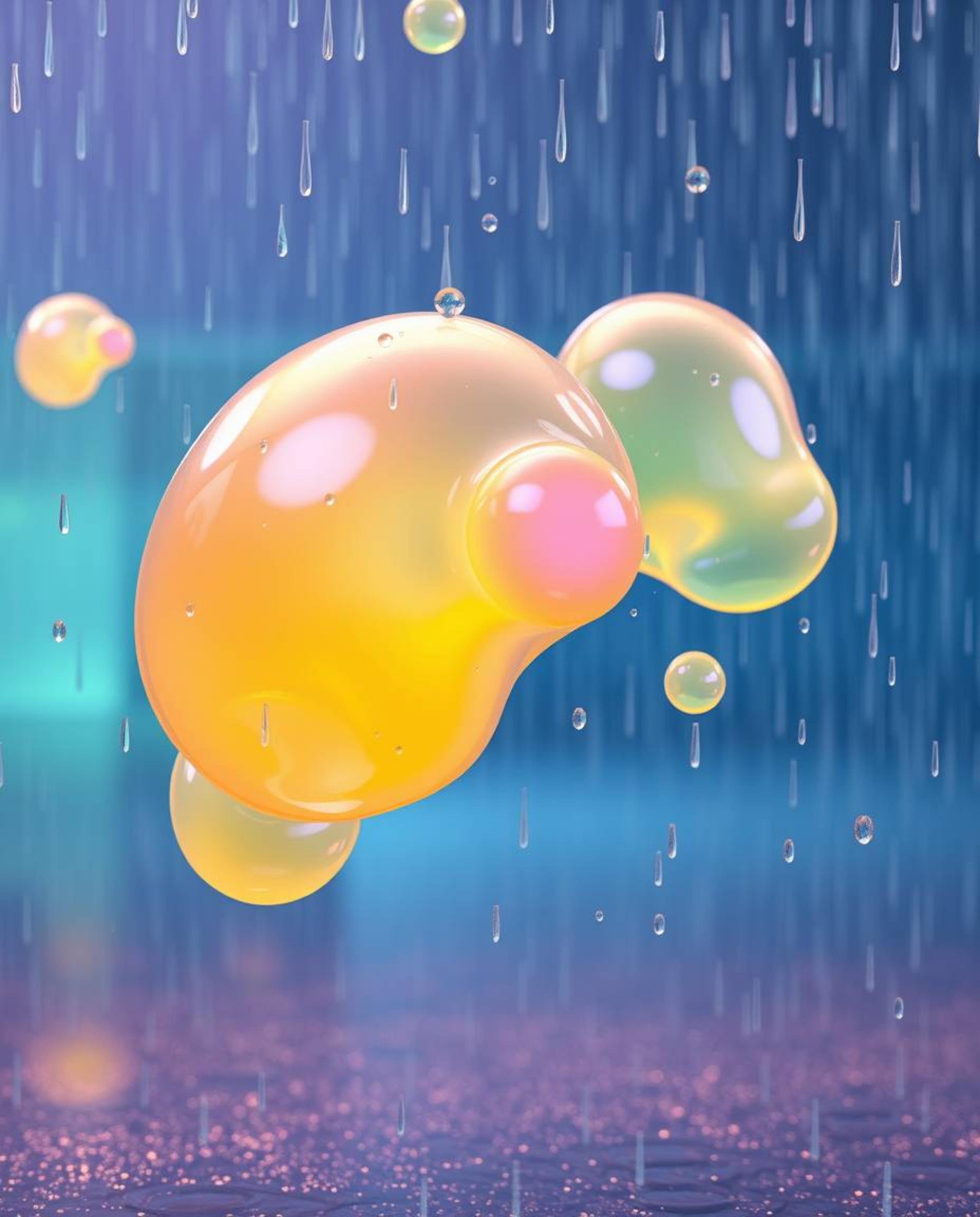 A mesmerizing 3D render showcasing translucent, fluid organic blobs gracefully floating in the vast expanse of space.  Bathed