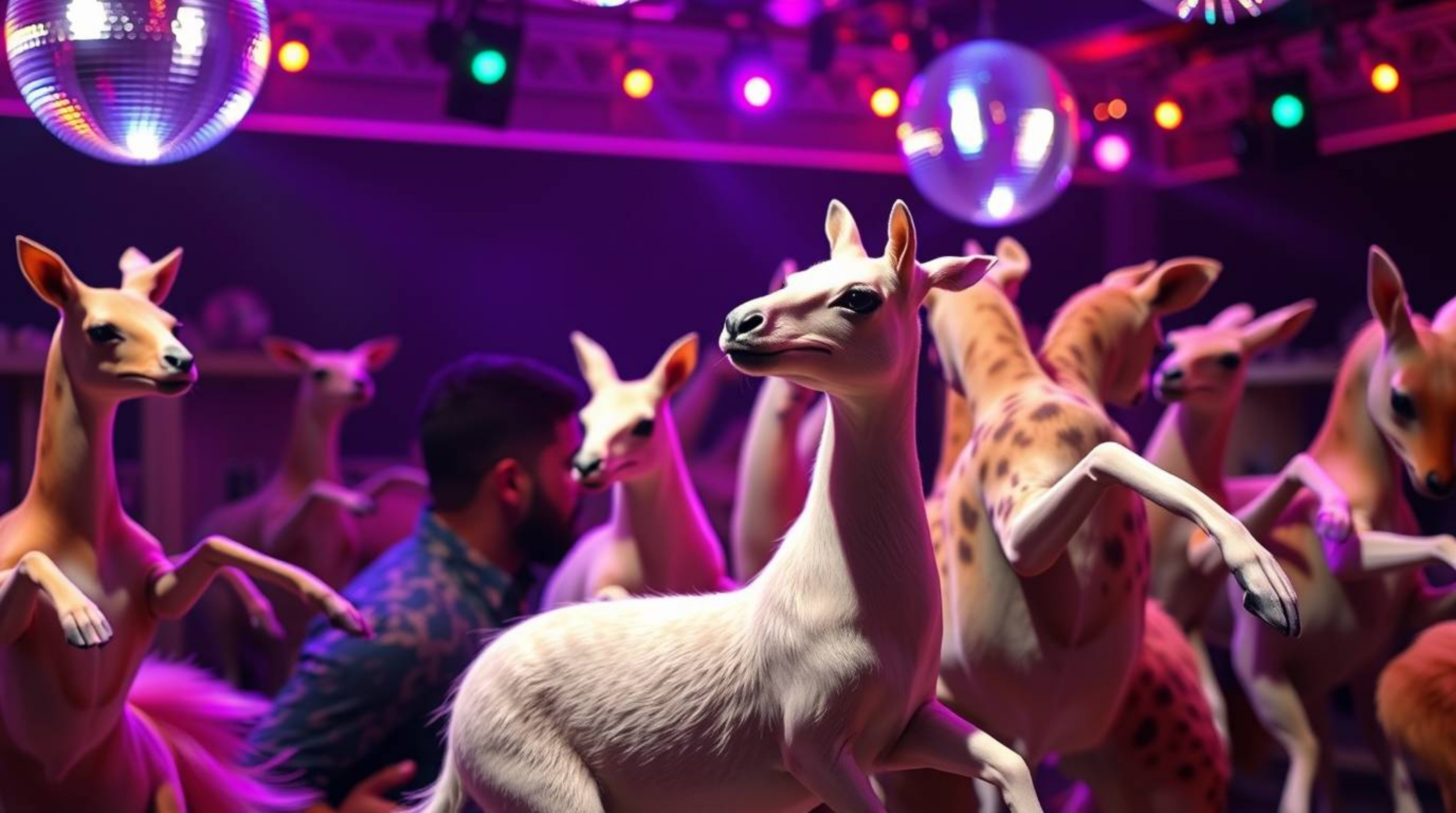 Experience a mesmerizing animal dance party bathed in vibrant disco lights.  Graceful creatures with refined features move wi