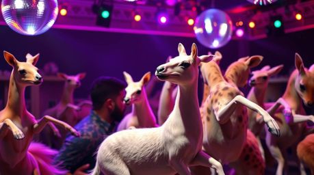 Experience a mesmerizing animal dance party bathed in vibrant disco lights.  Graceful creatures with refined features move wi