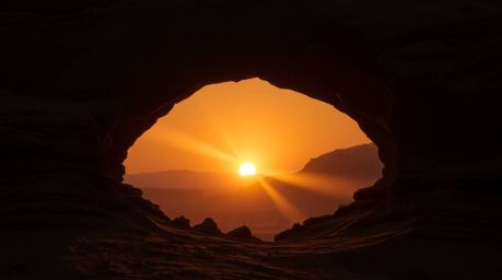 This haunting photograph captures a desert sunset viewed through a natural rock arch, utilizing volumetric lighting to create