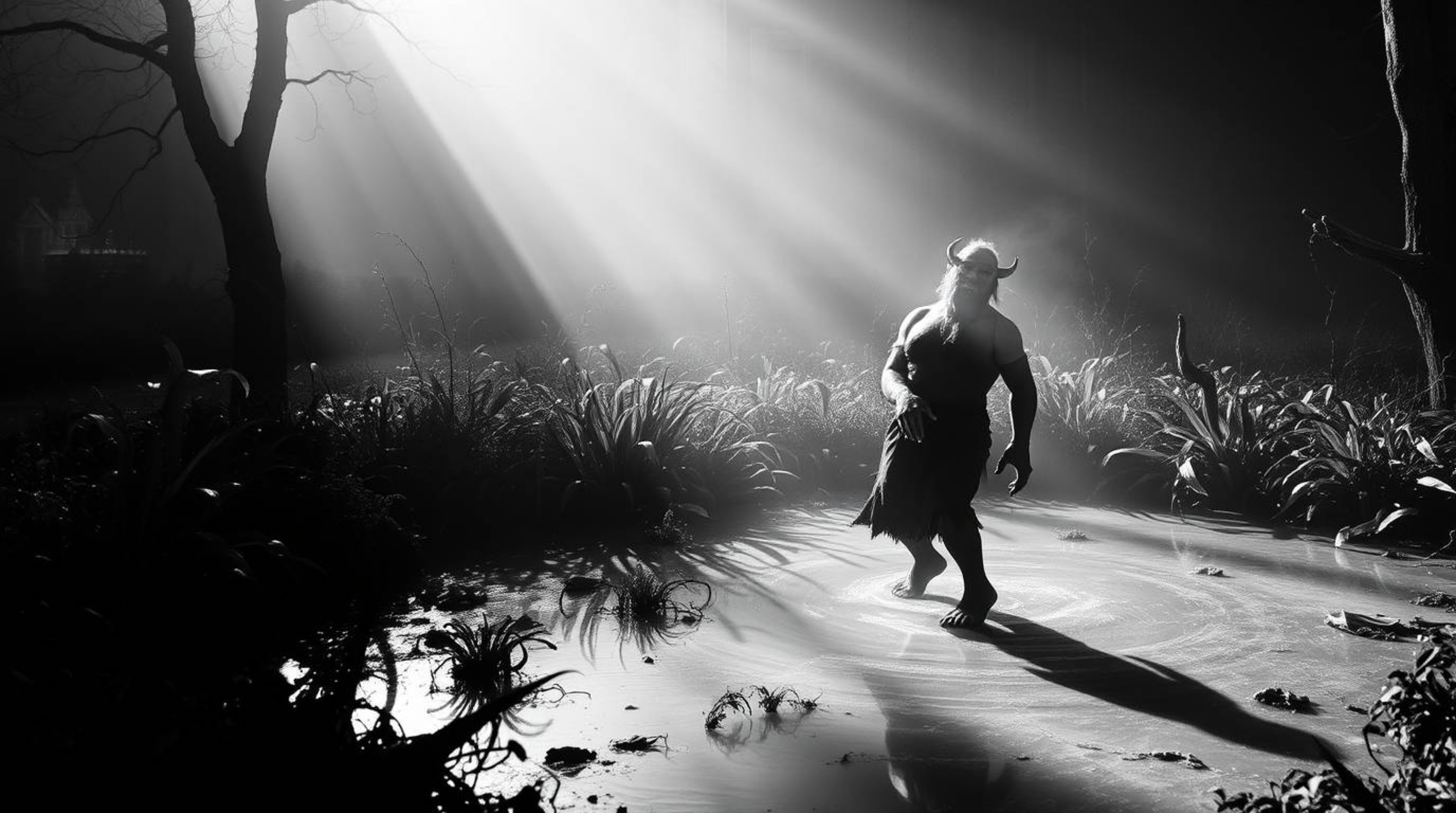 A captivating black and white photograph depicts an ogre performing a spirited dance in a swamp.  The stark contrast of hard 