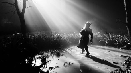 A captivating black and white photograph depicts an ogre performing a spirited dance in a swamp.  The stark contrast of hard 