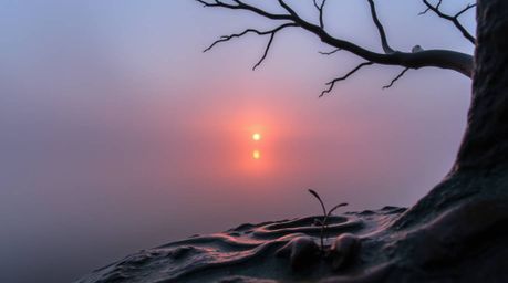 A captivating close-up shot showcases a bronze sculpture depicting a serene lake mirrored by a vivid sunset, with meticulous 