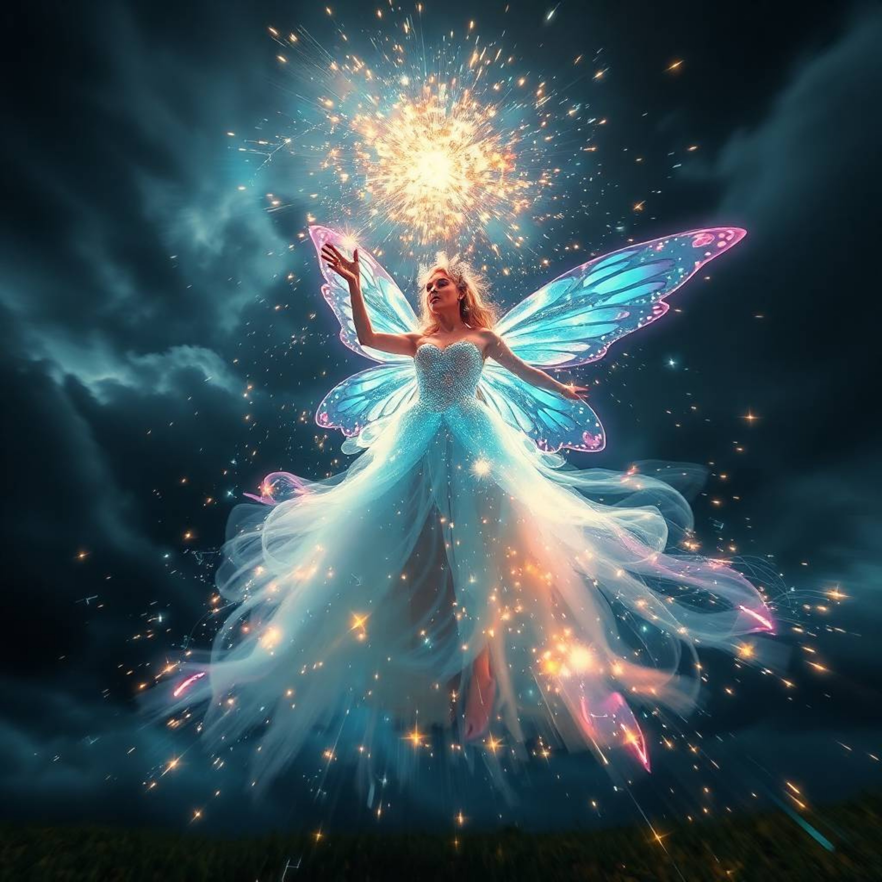 A captivating long exposure photograph depicts a fairy godmother emerging from a swirling vortex of sparkles and iridescent c
