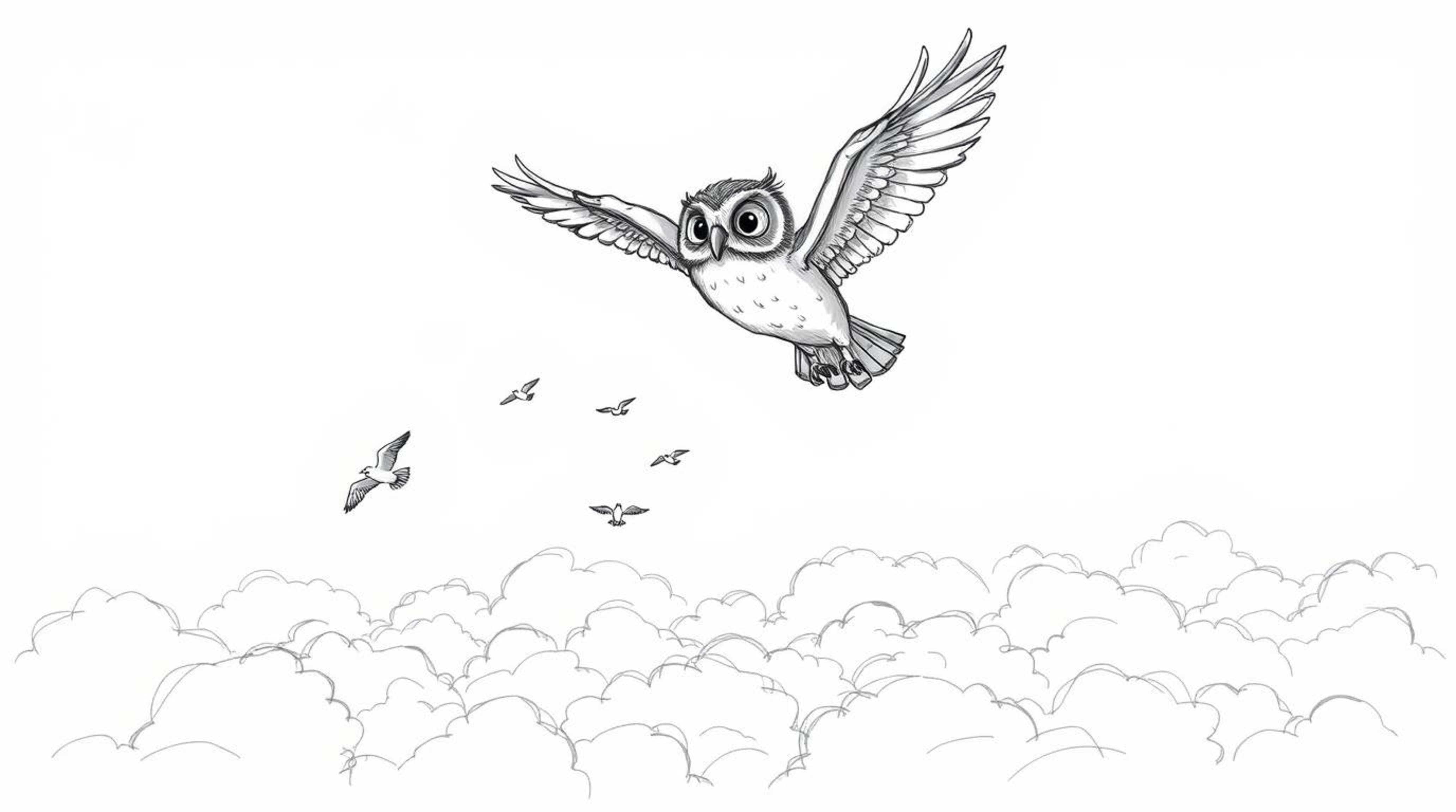 A captivating hand-drawn Pixar-style sketch portrays a blind owl proudly soaring above a fluffy white cloudscape, guiding sev