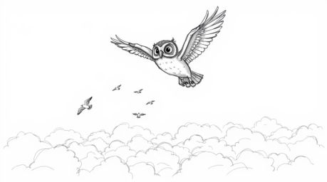 A captivating hand-drawn Pixar-style sketch portrays a blind owl proudly soaring above a fluffy white cloudscape, guiding sev