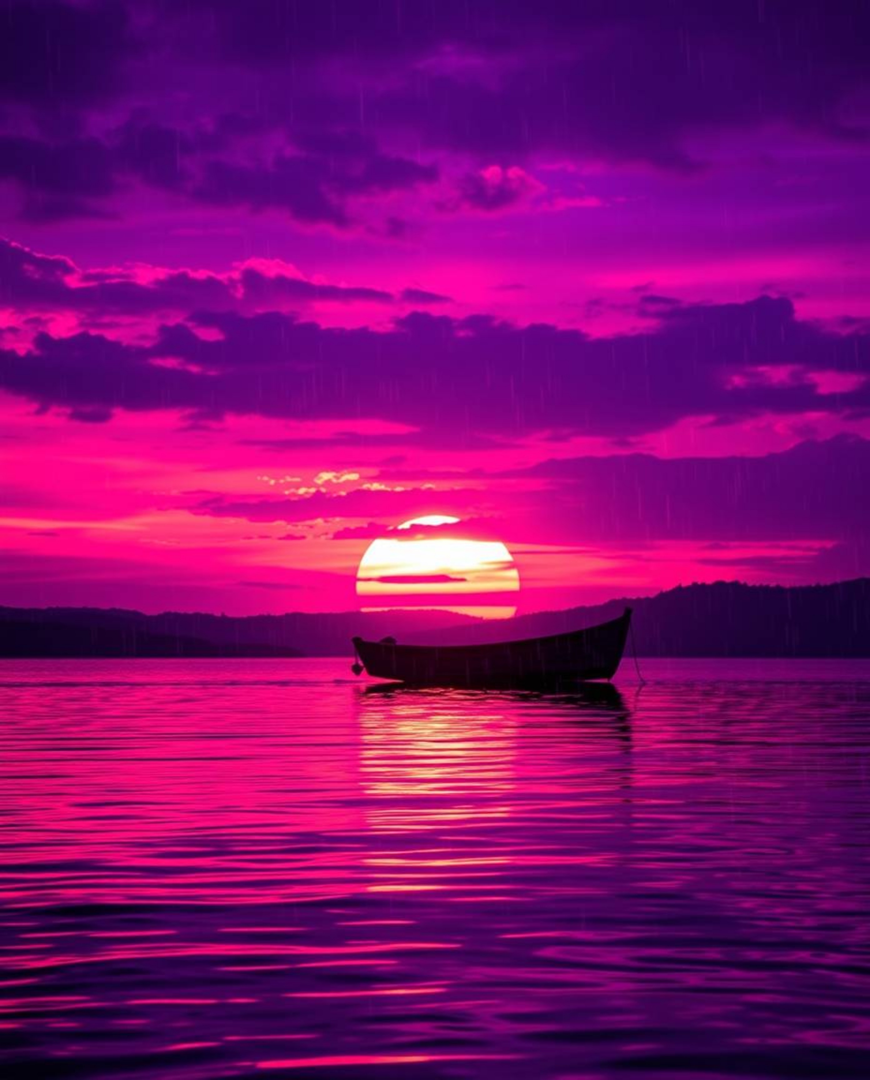 This is a high-contrast image depicting a boat adrift on a lake at sunset. The scene is rendered in deep ultraviolet hues wit