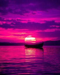 This is a high-contrast image depicting a boat adrift on a lake at sunset. The scene is rendered in deep ultraviolet hues wit