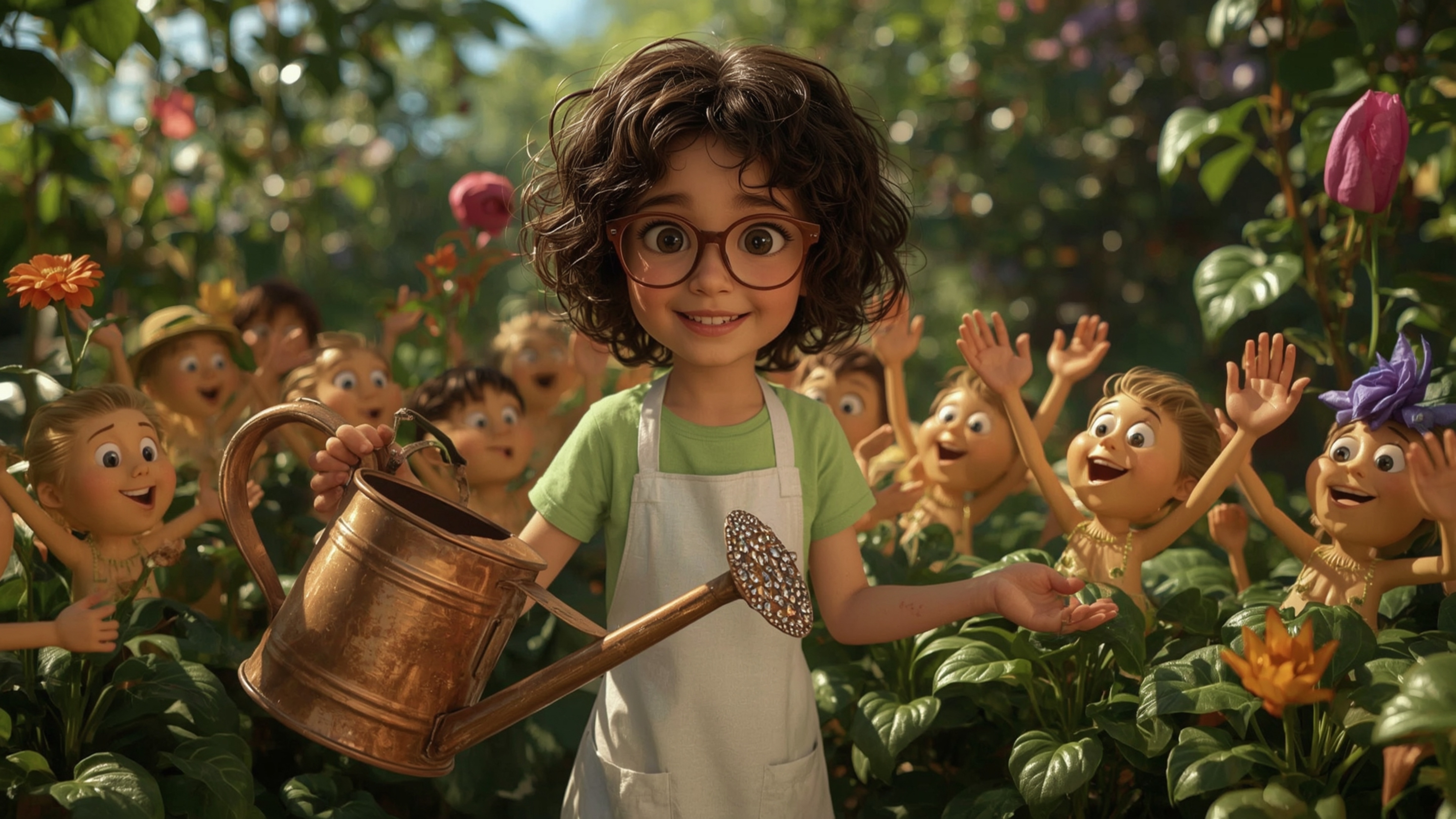 In a vibrant, whimsical, and highly detailed digital photograph reminiscent of Pixar's stylized realism, a bespectacled, curl