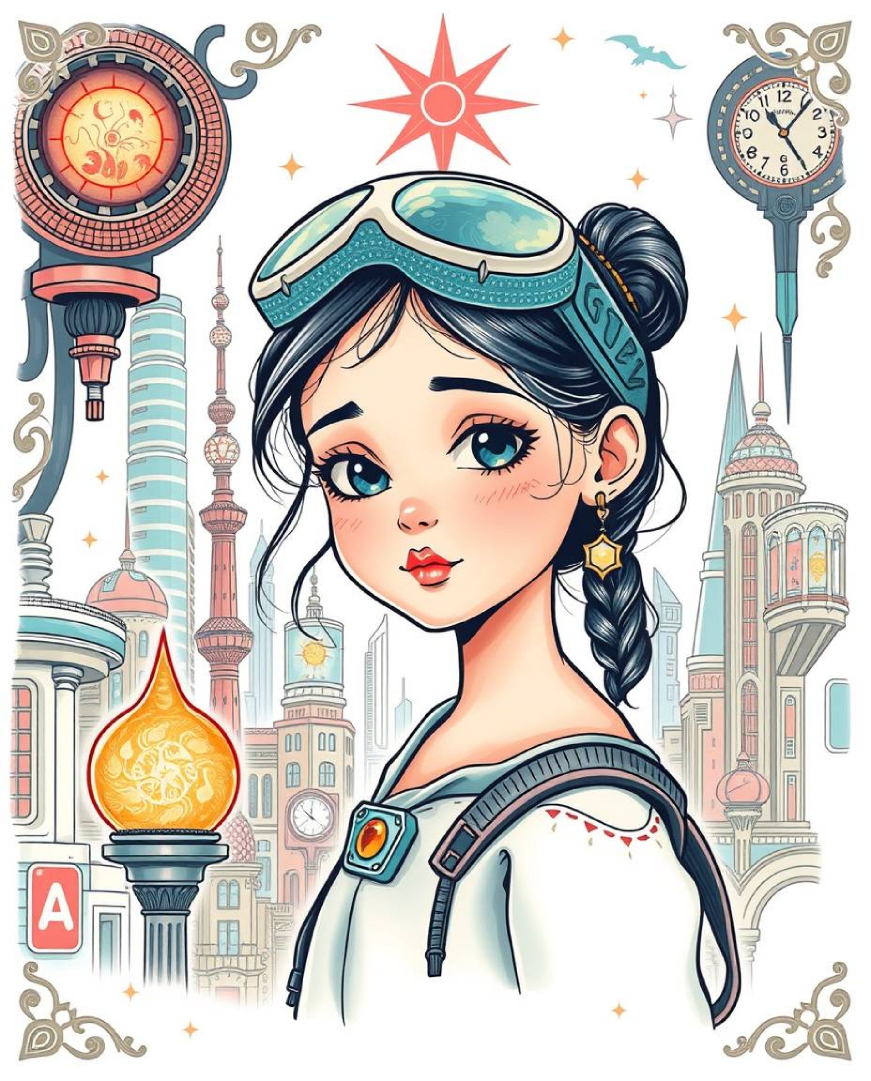 A captivating tattoo art print showcasing a young, pale-skinned inventor girl in a futuristic cityscape.  Rendered in a charm