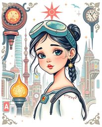 A captivating tattoo art print showcasing a young, pale-skinned inventor girl in a futuristic cityscape. Rendered in a charm
