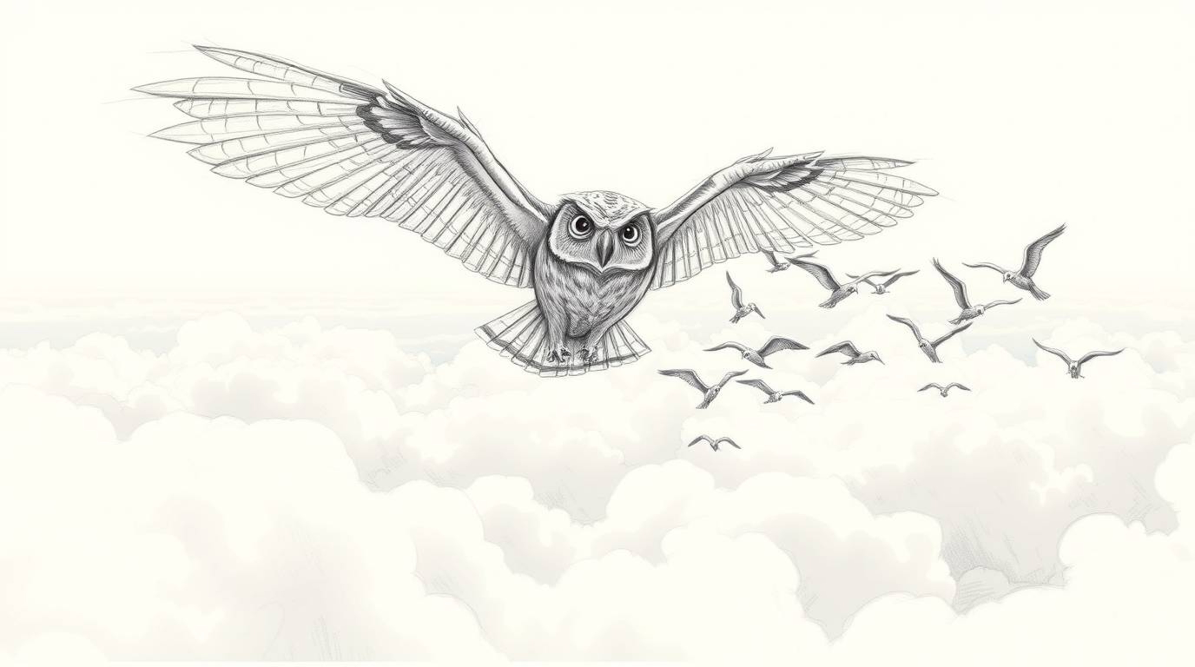 A rough-textured pencil sketch, in the style of Pixar, depicts a blind owl with its large wings spread, guiding a flock of bi