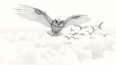 A rough-textured pencil sketch, in the style of Pixar, depicts a blind owl with its large wings spread, guiding a flock of bi