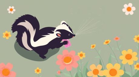 A charming illustration depicts a cartoon skunk delicately spraying perfume onto vibrant flowers, rendered in a modern flat d