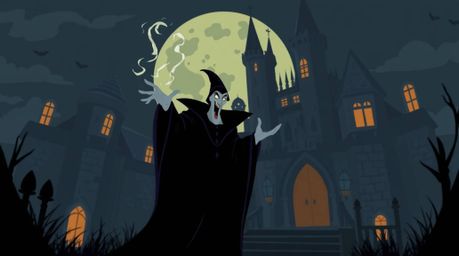 An eerie and creepy atmosphere pervades this modern flat design illustration depicting a classic Disney villain casting a spe