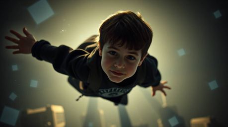 An overhead bird's eye view captures a young boy with fair skin, seemingly flying above London, leaving a subtle trail of pix