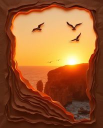 This is a layered papier-mâché artwork depicting a sunset over a coastal cliff, complete with soaring birds. The piece is bat