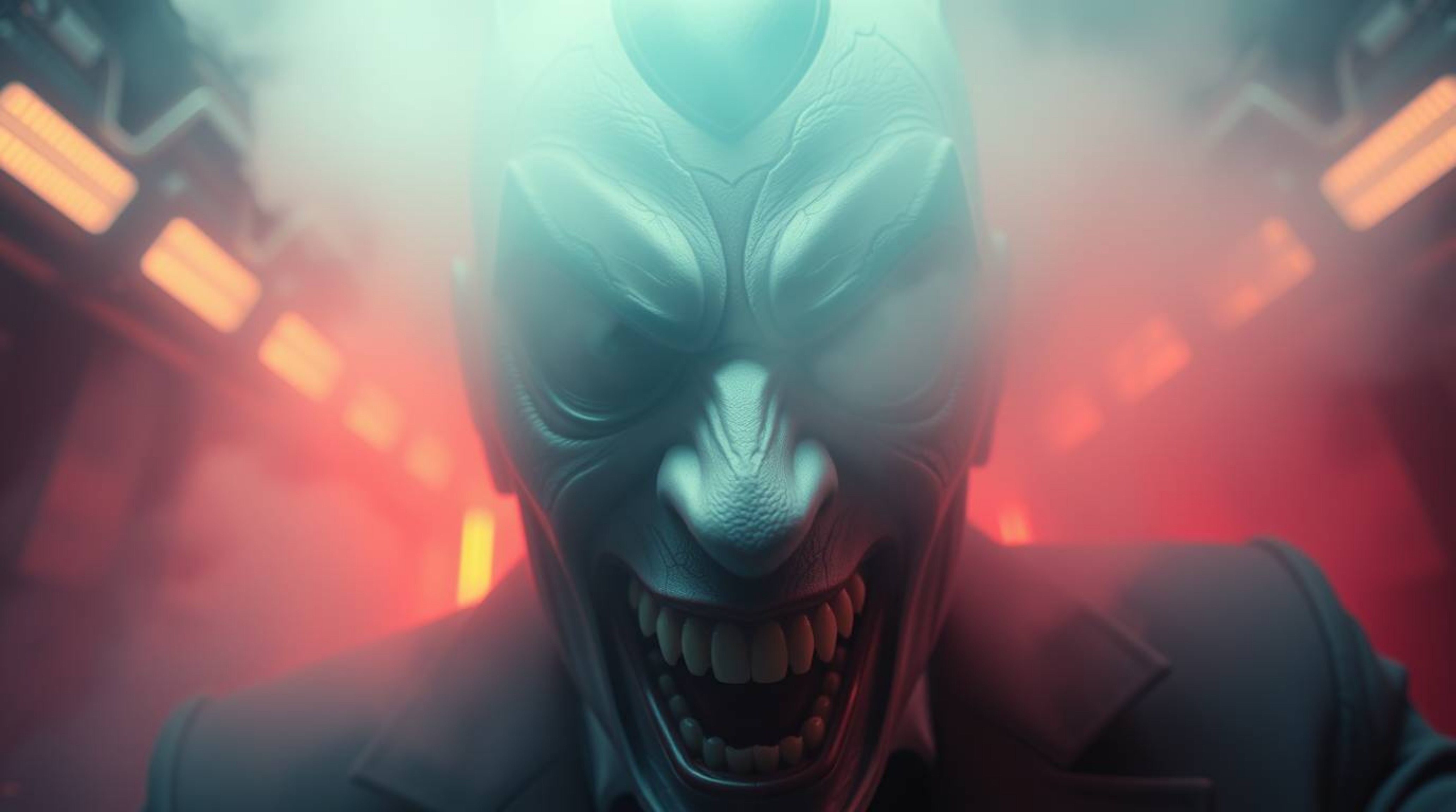 Witness an extreme macro close-up of a villain experiencing a hilarious breakdown within a high-tech lair enveloped in thick 