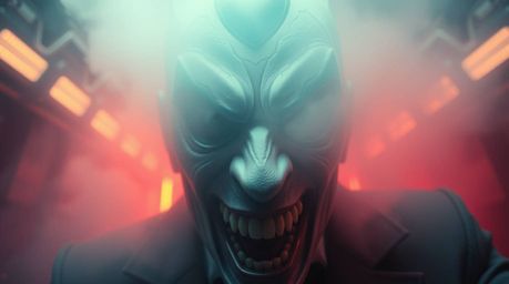 Witness an extreme macro close-up of a villain experiencing a hilarious breakdown within a high-tech lair enveloped in thick 