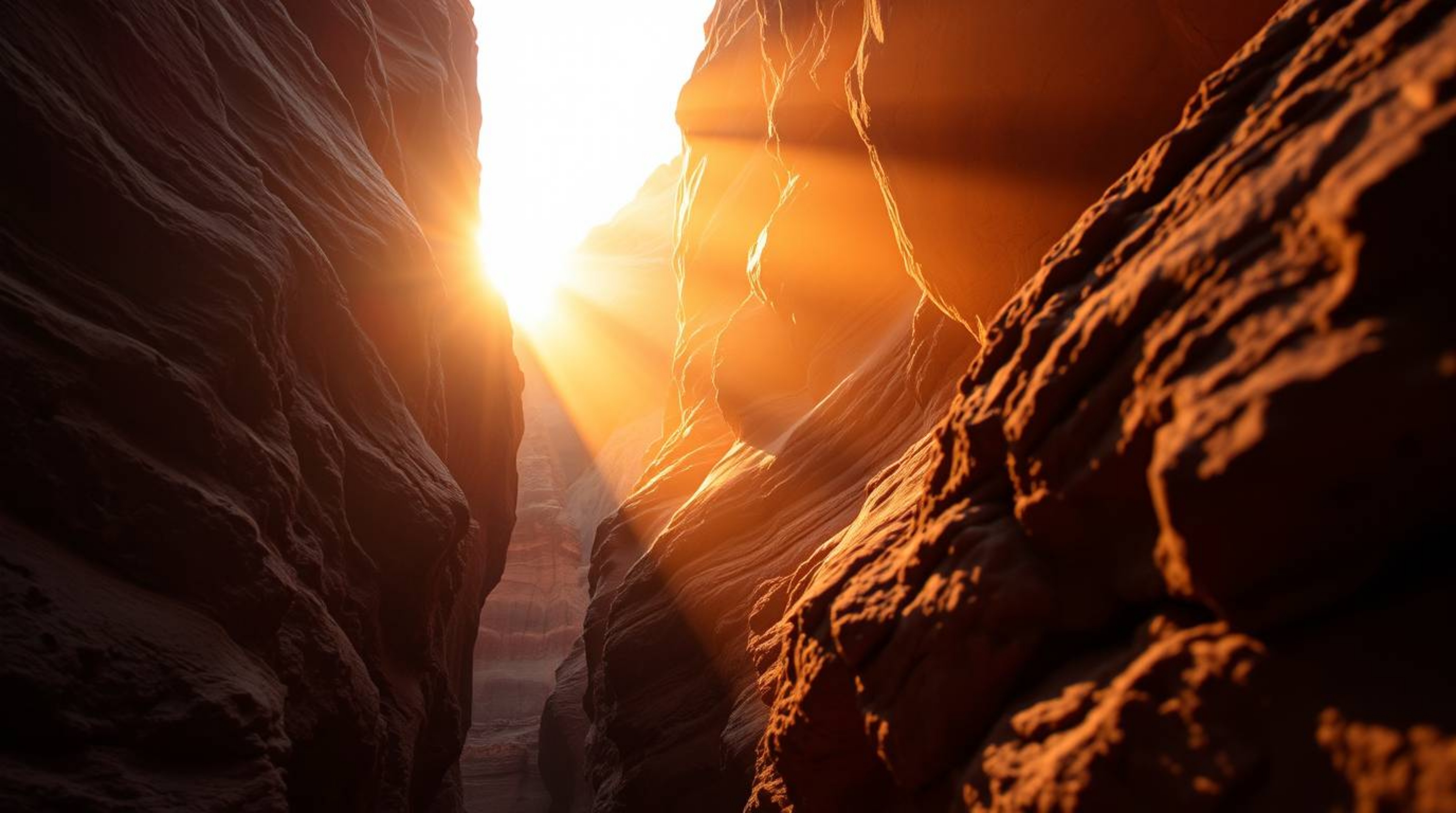 Experience the breathtaking beauty of a rocky canyon bathed in warm sunset hues. Volumetric lighting casts stunning light bea