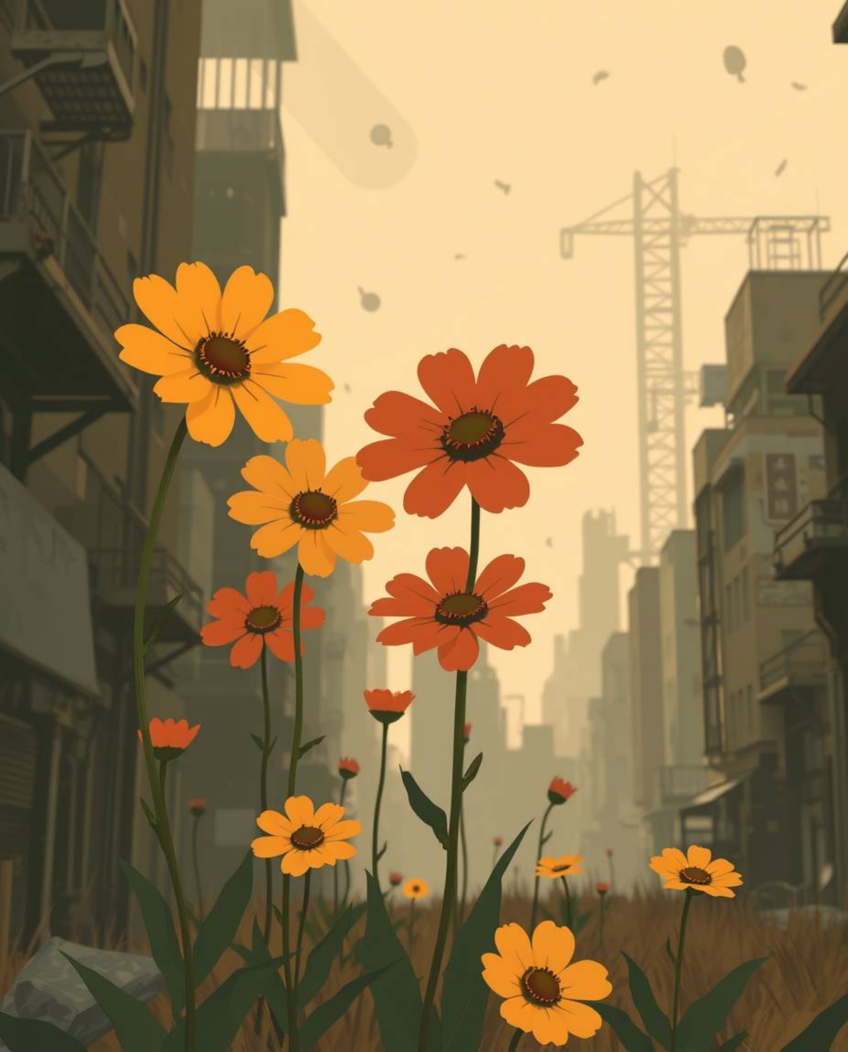 Vibrant autumnal flowers bloom amidst the ruins of a post-apocalyptic city in this captivating 2D artwork.  Simple shapes and