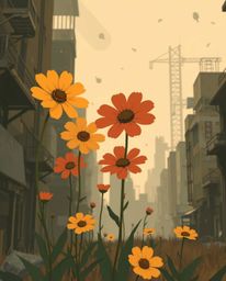 Vibrant autumnal flowers bloom amidst the ruins of a post-apocalyptic city in this captivating 2D artwork.  Simple shapes and