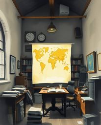 A captivating scene unfolds: an intense jet black and delicate watercolor painting depicts a glowing map, seemingly projected