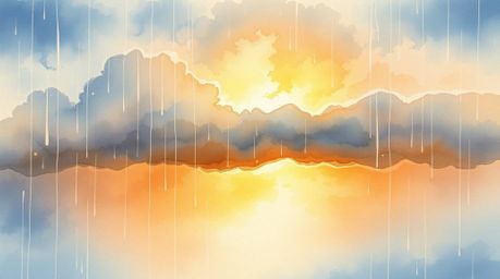 A delicate watercolor painting captures a captivating rainy scene, where thunderstorm clouds are dramatically illuminated by 