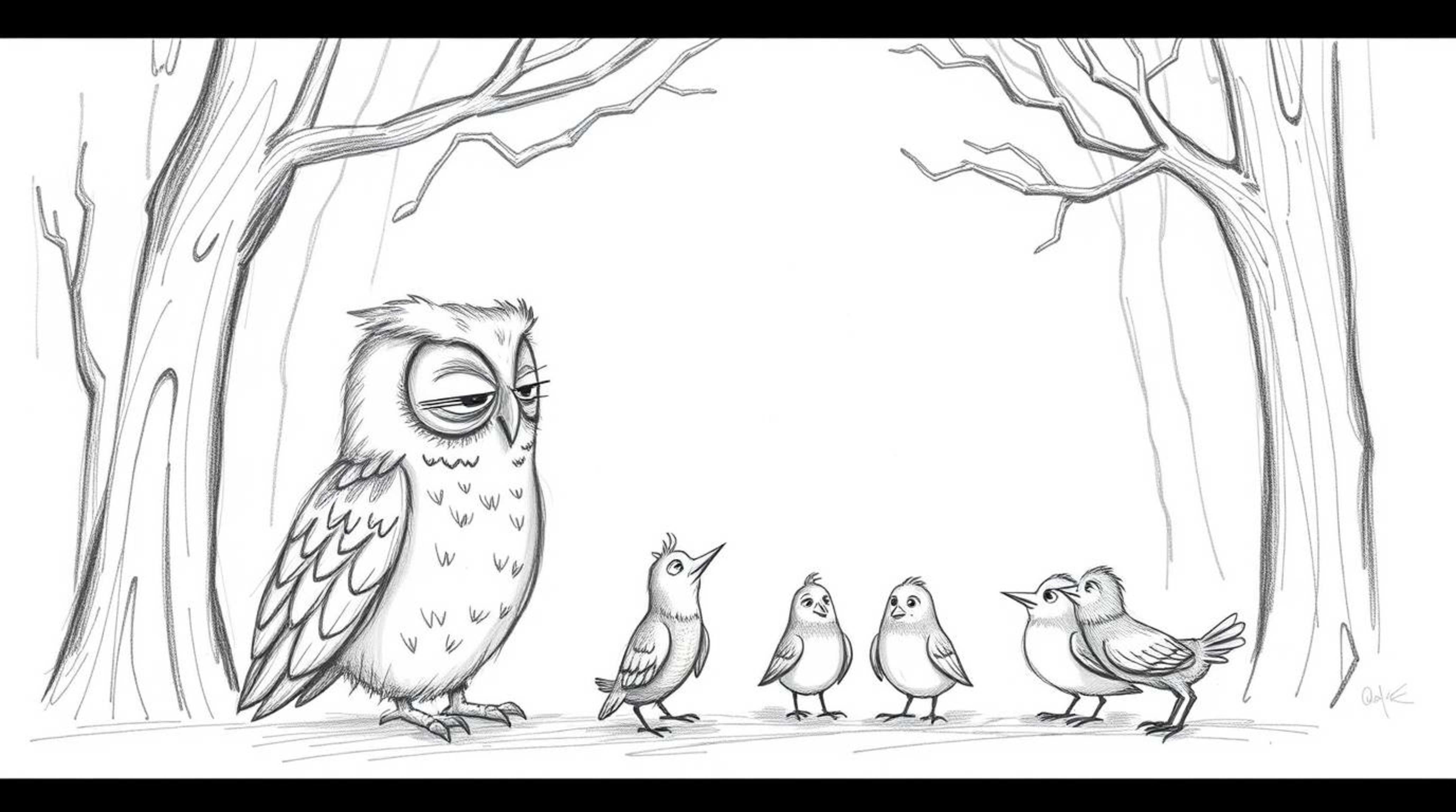 A captivating hand-drawn pencil sketch depicts a wise, blind owl with expressive wrinkles, mentoring a flock of birds in a wh