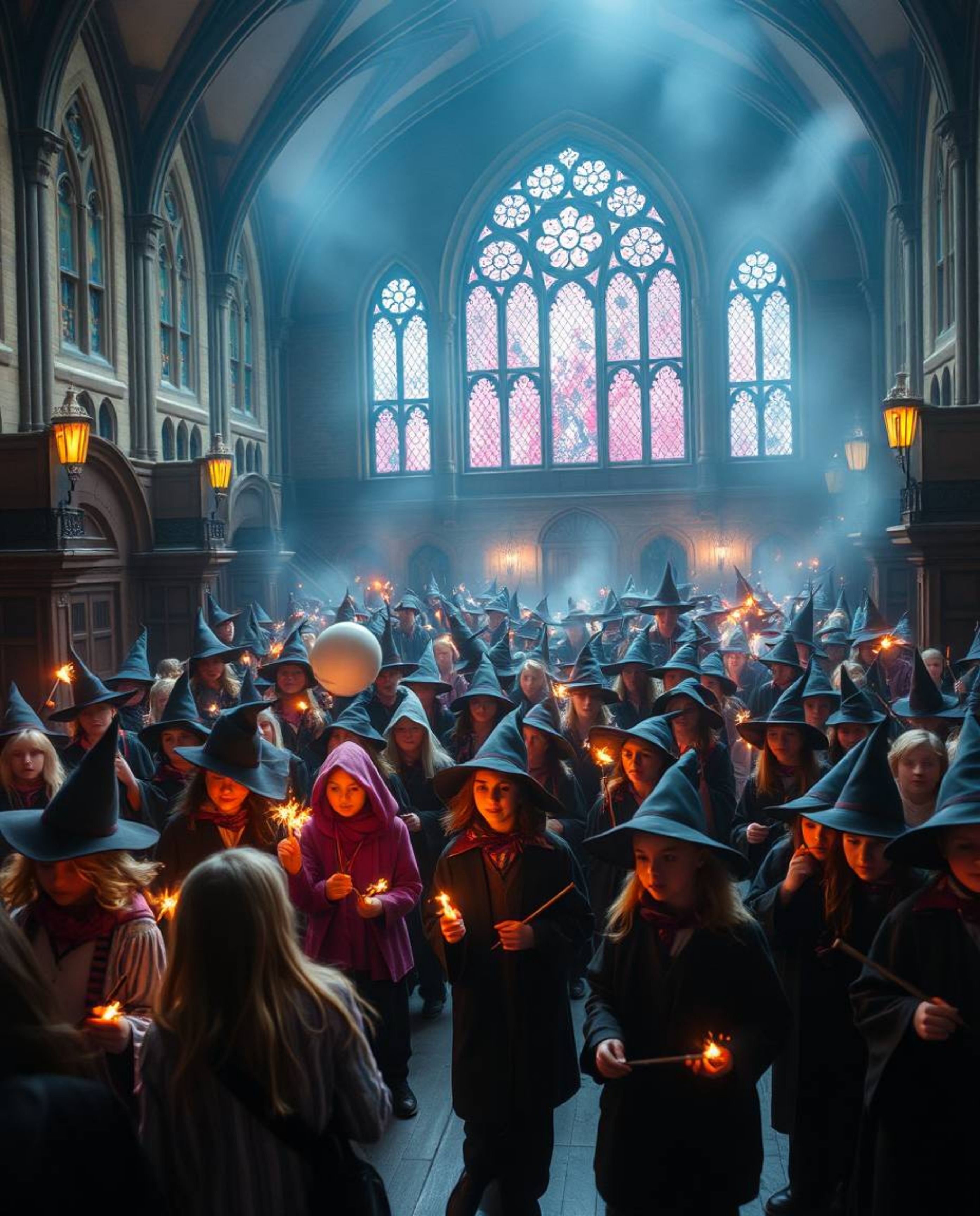 Discover a breathtaking magical school teeming with young wizards!  This vibrant artwork showcases an epic scale, featuring b