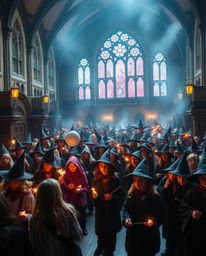 Discover a breathtaking magical school teeming with young wizards! This vibrant artwork showcases an epic scale, featuring b