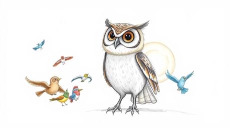 A charming hand-drawn pencil sketch in the style of Pixar depicts a blind owl with large, expressive eyes and light brown fea
