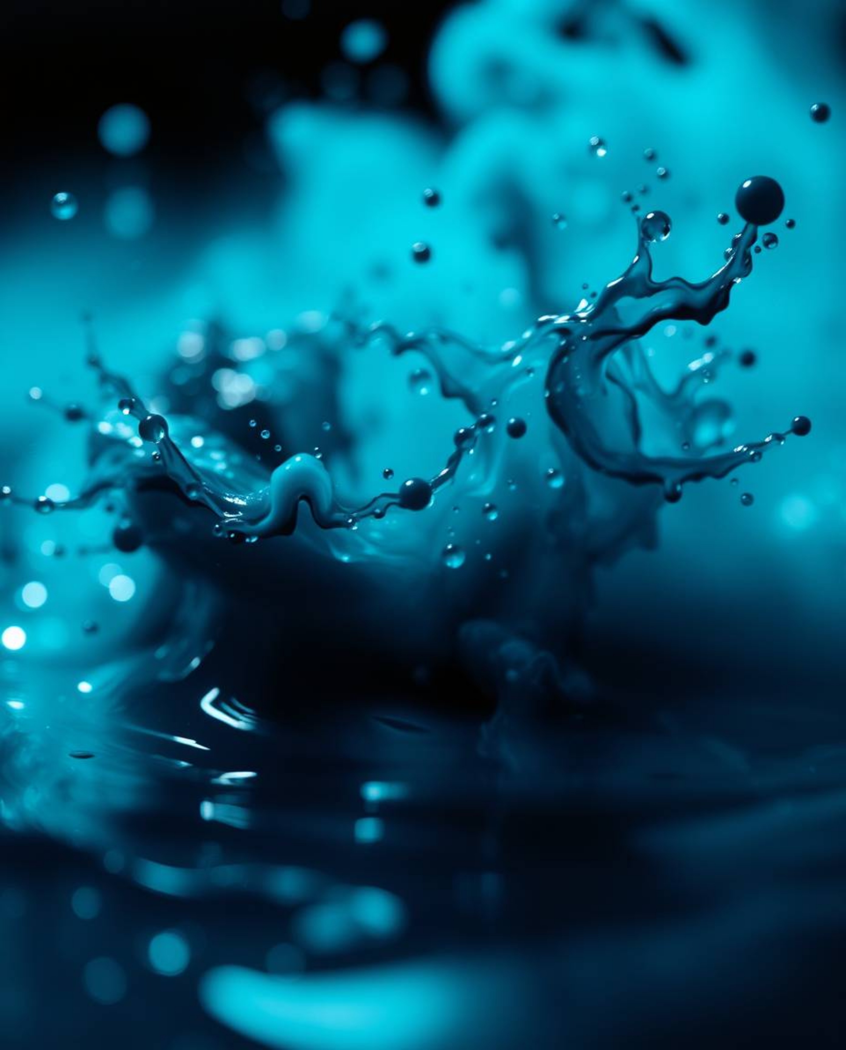 A captivating macro photograph showcasing a dynamic ink splash in water.  The image boasts rich, deep teal hues, volumetric l
