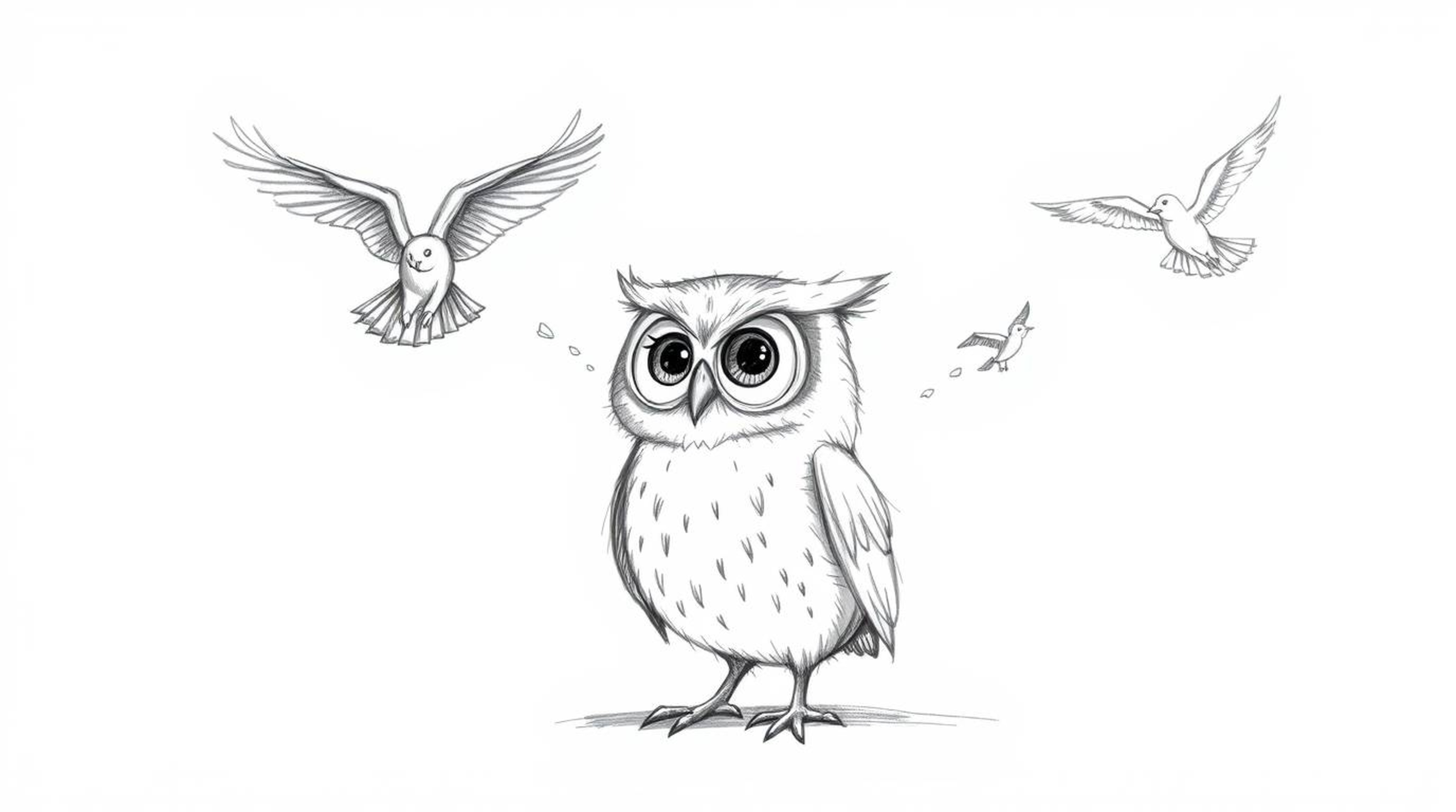 A whimsical, hand-drawn sketch in the style of Pixar depicts a blind owl using its keen sense of smell and sound to expertly 