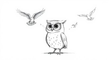 A whimsical, hand-drawn sketch in the style of Pixar depicts a blind owl using its keen sense of smell and sound to expertly 