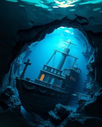 A mesmerizing underwater scene reveals a shipwreck brought to life through the artistry of layered papier-mâché. Sculpted tex